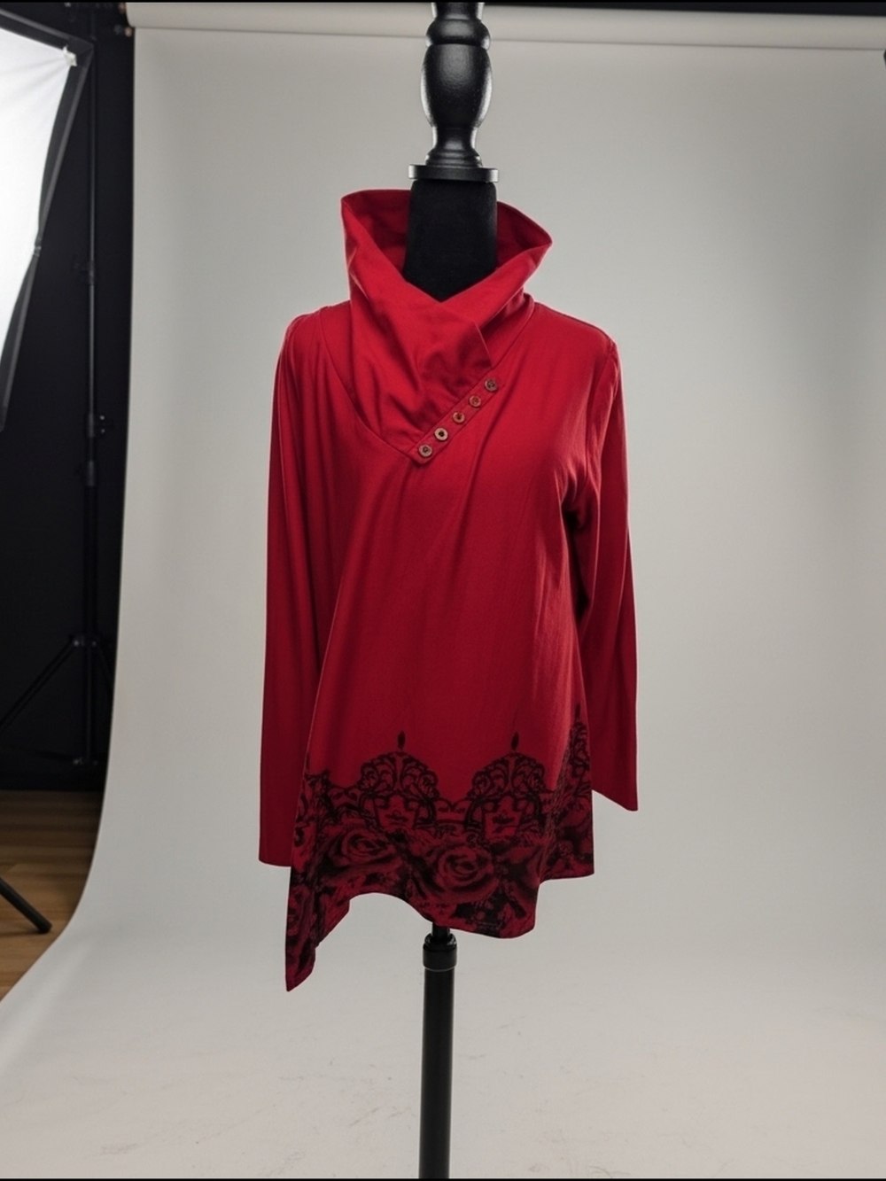 Gaharu Womens Red Asymmetric High Cowl Button Neck Long-Sleeve Top XL (038)